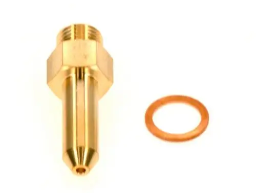 Gasdüse aus Messing von Bosch, zylindrische Form mit einem Gewinde und einer dichtenden Kupferdichtung.